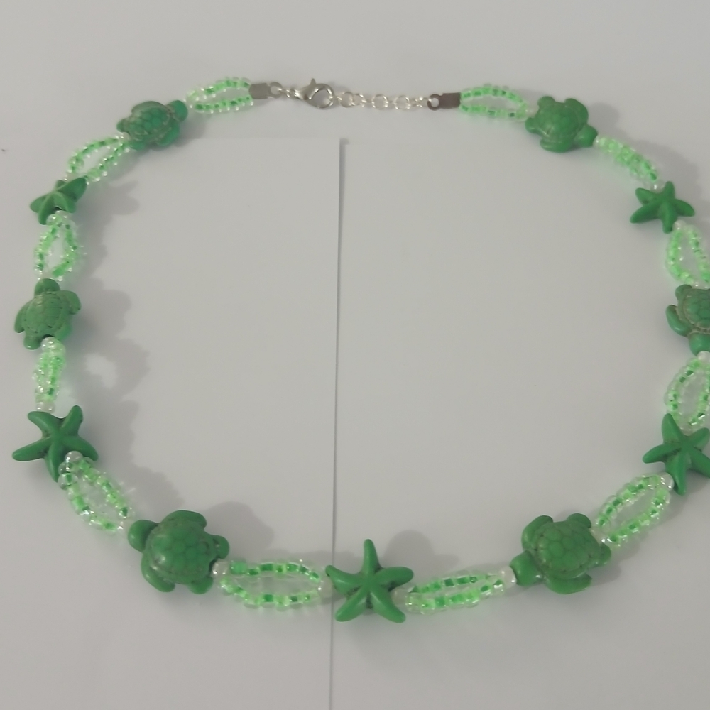 Green Beaded Necklace with Turtles and Starfish